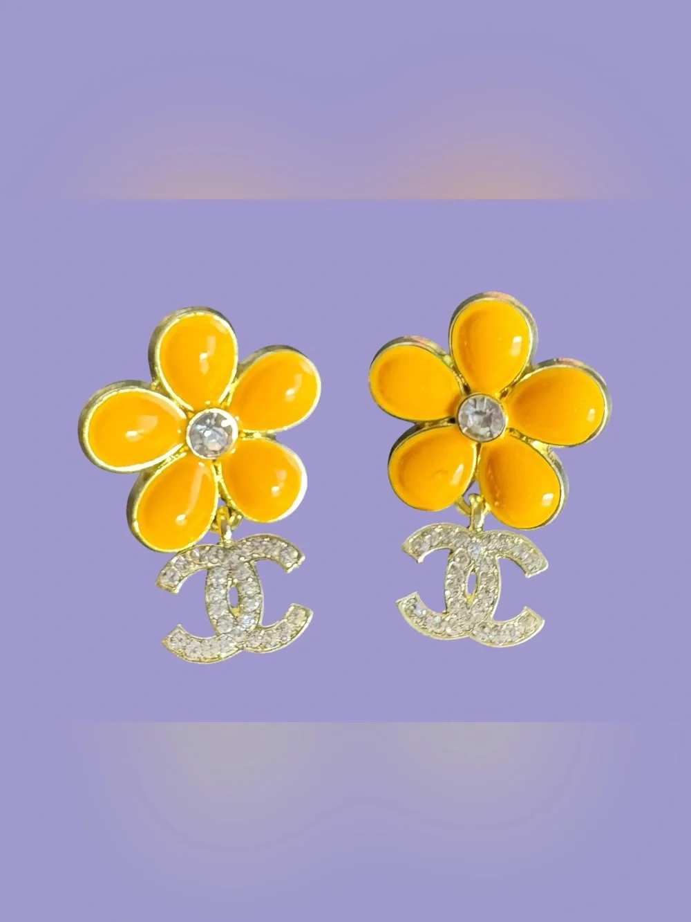 Yellow Enamel Flower Earrings with Crystal Double C Drops
